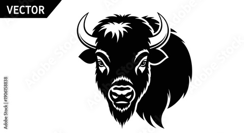 Black and White Bison Head Illustration.