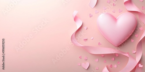 Pink ribbon with a heart on it. There are many pink hearts scattered around the ribbon