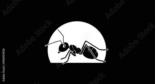 Black Ant Silhouette Illustration on White Circle.