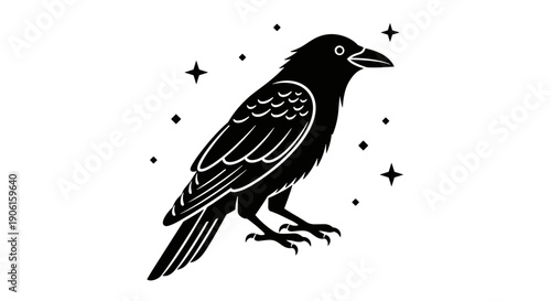 Black Crow Silhouette with Stars Illustration.