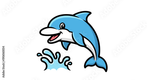 Blue Cartoon Dolphin Jumping Out Water.
