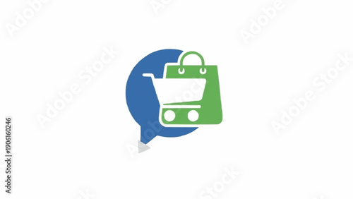 Green shopping bag on blue speech.