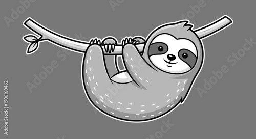 Cartoon Sloth Hanging on Branch Illustration.