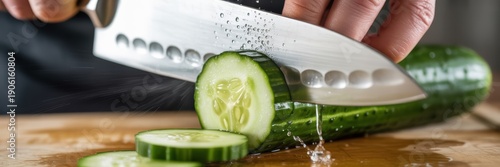 Chef slicing fresh cucumber with sharp kitchen knife on wooden cutting board healthy cooking and food preparation closeup