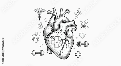 Human heart anatomy medical sketch illustration