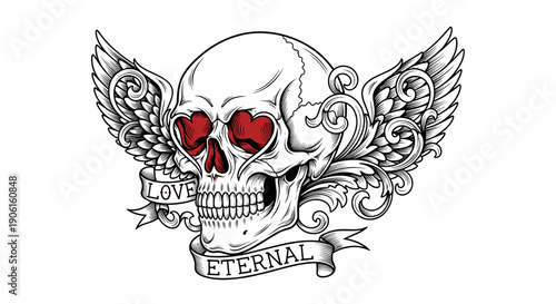 Detailed Skull with Red Eyes and Wings.