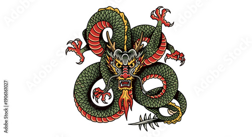 Illustration of a Dragon with Multiple Heads.