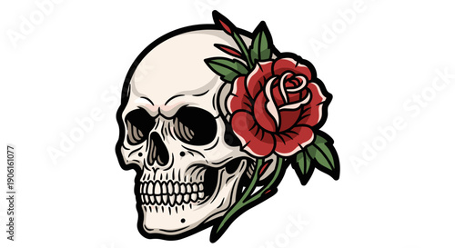 Illustration of Skull with Red Rose 1.