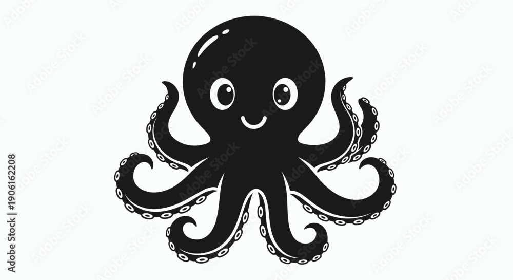 Obraz premium Smiling Cartoon Octopus with Curled Tentacles.