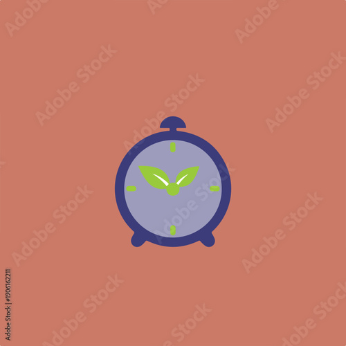 A minimalist vector illustration shows a blue alarm clock with green leaves instead of hands, set against a warm terracotta background.