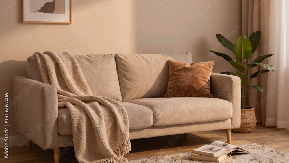 Naklejka premium High-resolution modern living room minimalistic minimalist design focal point beige upholstered sofa wooden legs placed against plain light wall covered