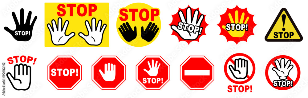 Obraz premium STOP Warning Sign Icons Set with Hand Gesture and Prohibition Symbols