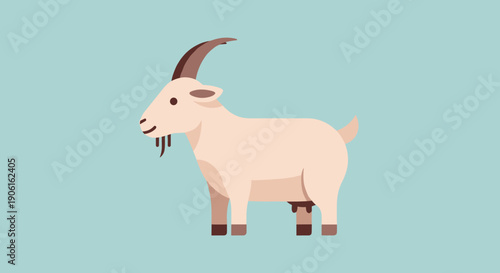 White Goat with Horns Standing Illustration.