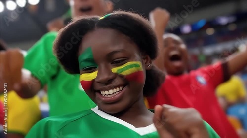 Happy young Black female Senegal soccer fan using smartphone in stadium with cheering crowd background vertical
