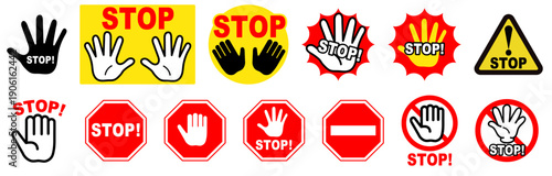 STOP Warning Sign Icons Set with Hand Gesture and Prohibition Symbols