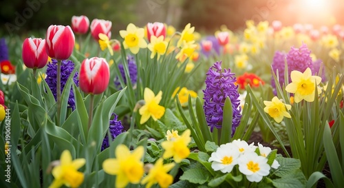 Wallpaper Mural Vibrant flowers including tulips, daffodils, and hyacinths bloom in a lush garden scene with sunlight shining down Torontodigital.ca