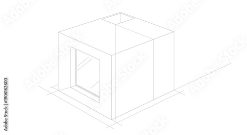 Architectural isometric line drawing of a modular private workspace, soundproof acoustic cabin structure technical blueprint.