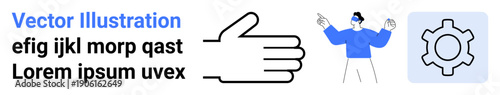 Outlined hand gesture, person pointing in blue attire, gear icon for teamwork, guidance, workflow. Ideal for collaboration, productivity, management, navigation process creativity simple landing