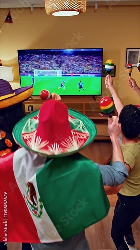 Happy Mexican soccer fans cheering at home wearing sombreros and flags while watching match on television background vertical
