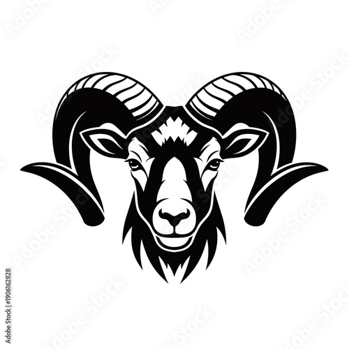 A striking black and white illustration of a ram's head with prominent curved horns.