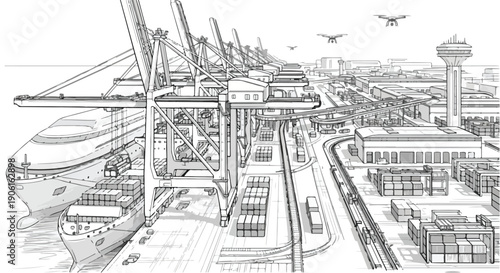 Industrial port city planning technical sketch