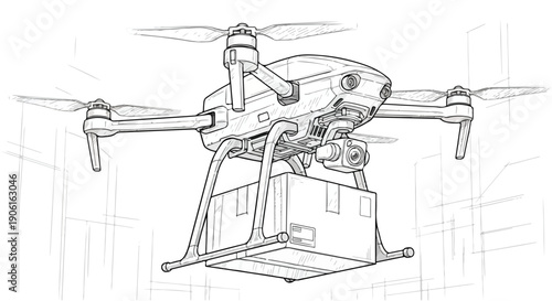 Industrial drone delivery technical sketch illustration