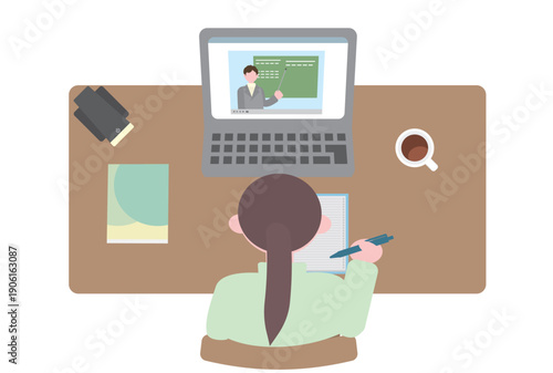 パソコンでオンライン授業をうける女性のイラスト