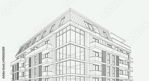 Modern Residential Apartment Building Corner Blueprint. Architectural Wireframe Sketch Line Art on White Background.