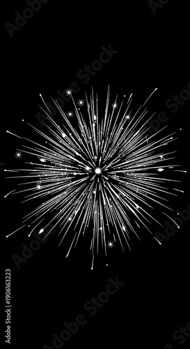 Firework explosion viewed from below with sparks and light trails against a dark background scene