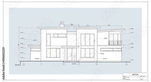 Modern House Architectural Section Blueprint. Contemporary Residential Building Elevation Drawing with Dimensions and Technical Details.