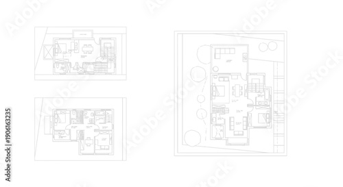 Technical Architectural Drawing Set: Modern House Floor Plans, Residential Blueprints Layouts with Ground Level, First Floor, and Site Plan View.
