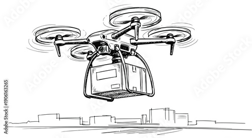 Logistics drone package delivery technical sketch