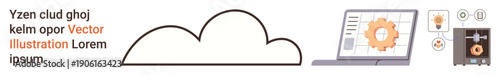 Cloud storage, data management, software integration, online computing, system settings, network technology. Cloud icon with a laptop showing a gear and settings. Cloud storage and data management
