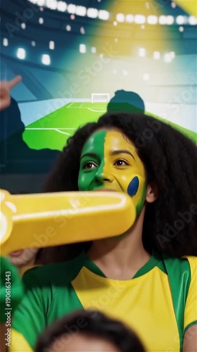 Happy Brazilian female soccer fan cheering with green and yellow face paint and foam finger at stadium background vertical
