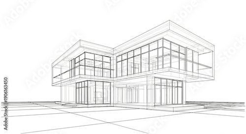 Contemporary House Architecture Blueprint. Minimalist 3D Wireframe Sketch of Modern Luxury Villa Design isolated on white.