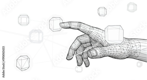 Hand interacting with virtual data blocks sketch