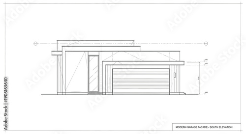 Modern Garage Facade South Elevation Architectural Drawing. Minimalist Residential Building Blueprint for Construction and Design Projects.