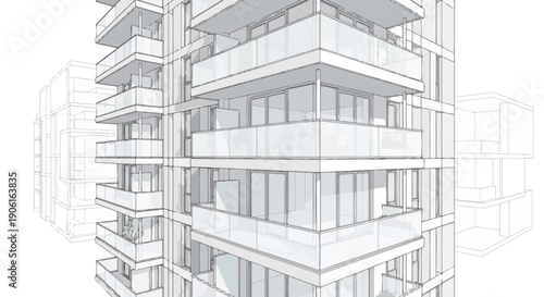 Modern Apartment Building Architectural Sketch. Contemporary High-Rise Condo Facade Rendering with Glass Balconies. Residential Urban Structure Design Perspective.