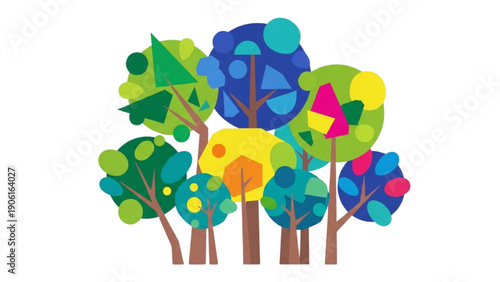 Abstract Forest Illustration of Diverse Trees in Vibrant Geometric Shapes and Colors