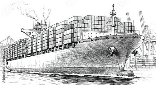 Large cargo ship freight logistics technical sketch