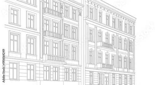 Outline Vector Drawing of Historic European Apartment Building Facades. Detailed Line Art Architecture Blueprint.