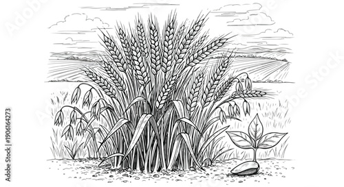 Rice plant field agriculture botanical sketch art