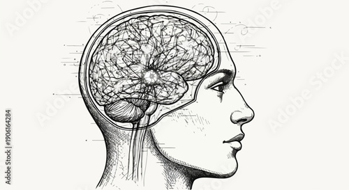 Human brain neural network profile sketch