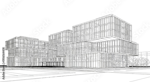 Modern Corporate Office Building Complex 3D Wireframe Sketch. Architectural Blueprint Drawing of Contemporary Glass Facade Structure on White Background.