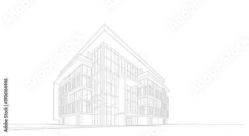 Abstract modern architecture drawing. Wireframe sketch of contemporary glass office building facade design concept.