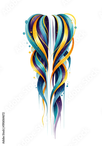 Abstract watercolor illustration depicting a cascading waterfall, composed of indigo, teal, and blue fluid shapes interwoven with luminous gold accents, set against a transparent background, vibrant