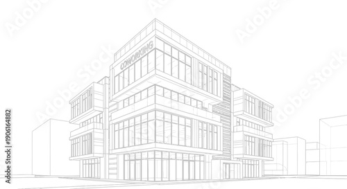 Modern Coworking Space Building: Architectural Blueprint Wireframe Outline Sketch