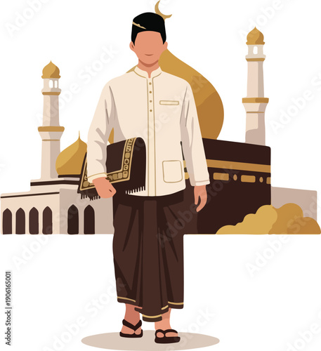 Muslim Man Holding Prayer Mat with Kaaba and Mosque Background for Ramadan and Hajj Illustration
