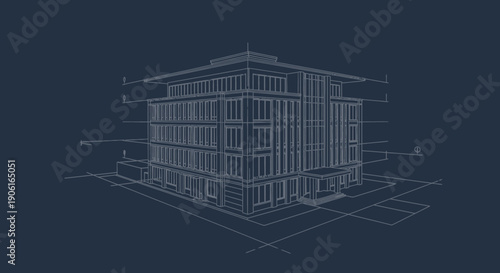 3D Blueprint Wireframe Drawing of Modern Corporate Office Building Architecture. Technical CAD Design and Construction Planning Concept.