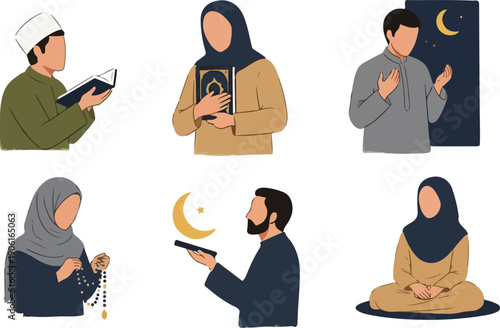 Muslim People Praying and Reading Quran During Ramadan Holy Month Illustration Set